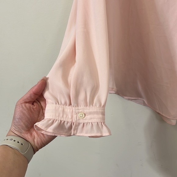 LOFT Ruffle Neck Smocked Cuffs Pale Pink Semi Sheer Blouse M - Picture 5 of 8